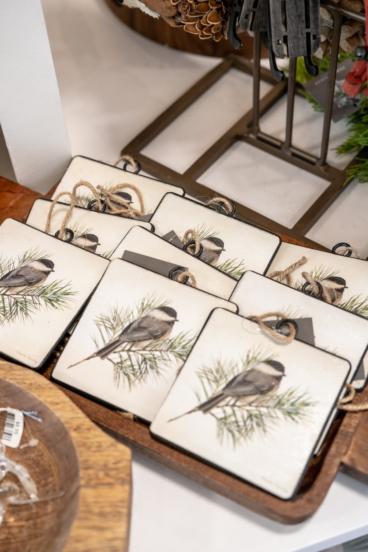 4" Chickadee on Branch Square Ornament