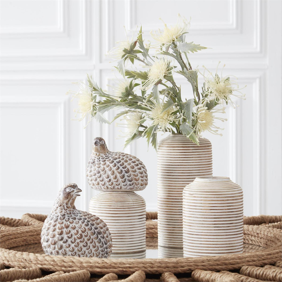 Whitewashed Wood Carved Stripe Vases