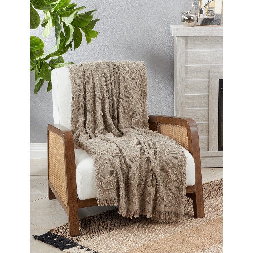 Natural Fringe Waffle Weave Throw Blanket