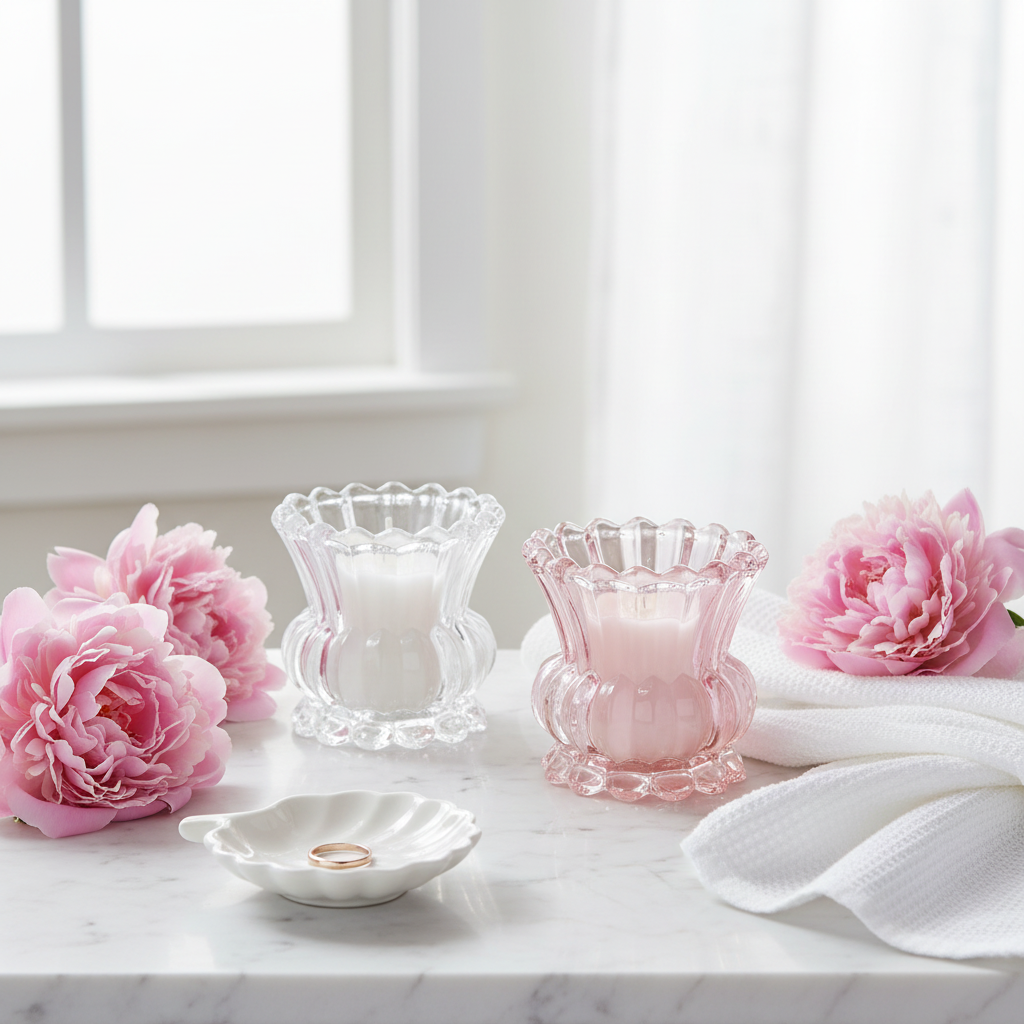 3.5" Pink Ruffle Glass Candle Holder