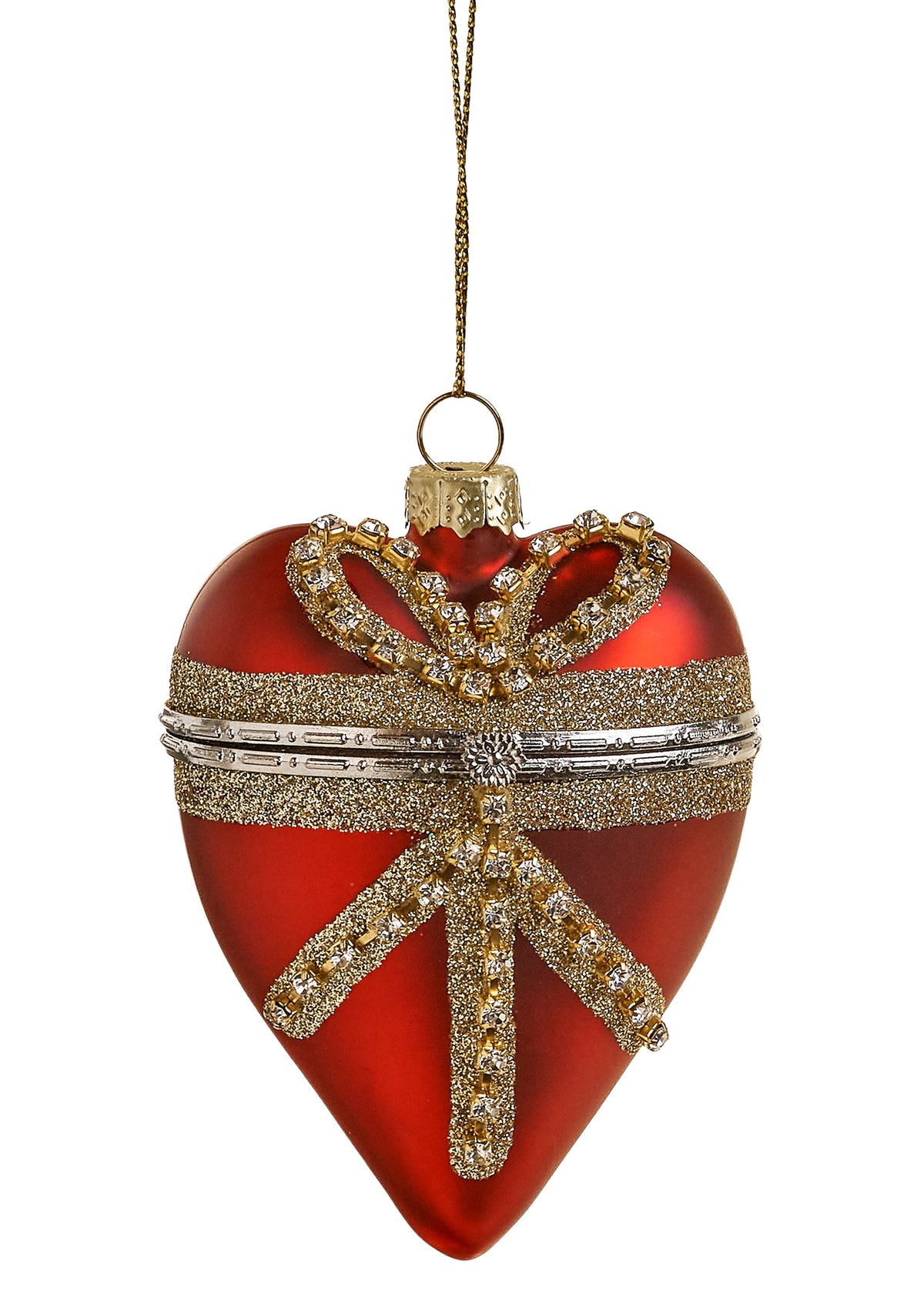 Red Glass Opening Heart Ornament with Gold Bow – Hinged Keepsake Box
