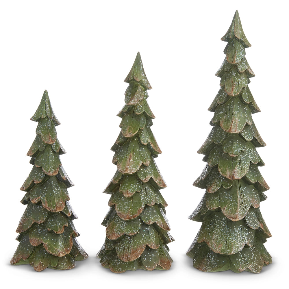 Set of 3 Green Wood Carved Trees