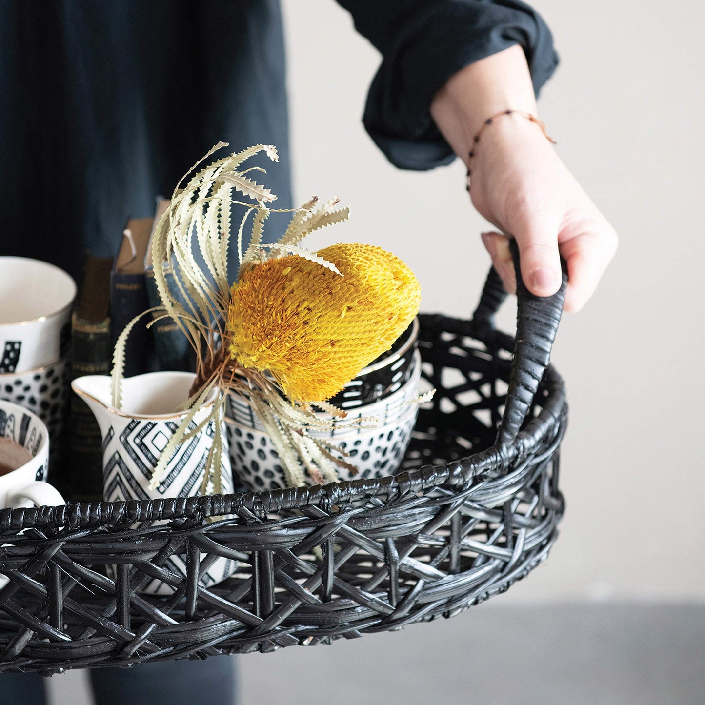 Decorative Hand-Woven Rattan Tray with Handles, Black
