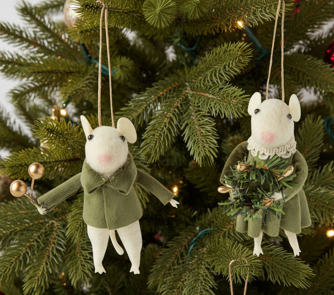 Felt Mouse Ornament with Olive Green Outfit