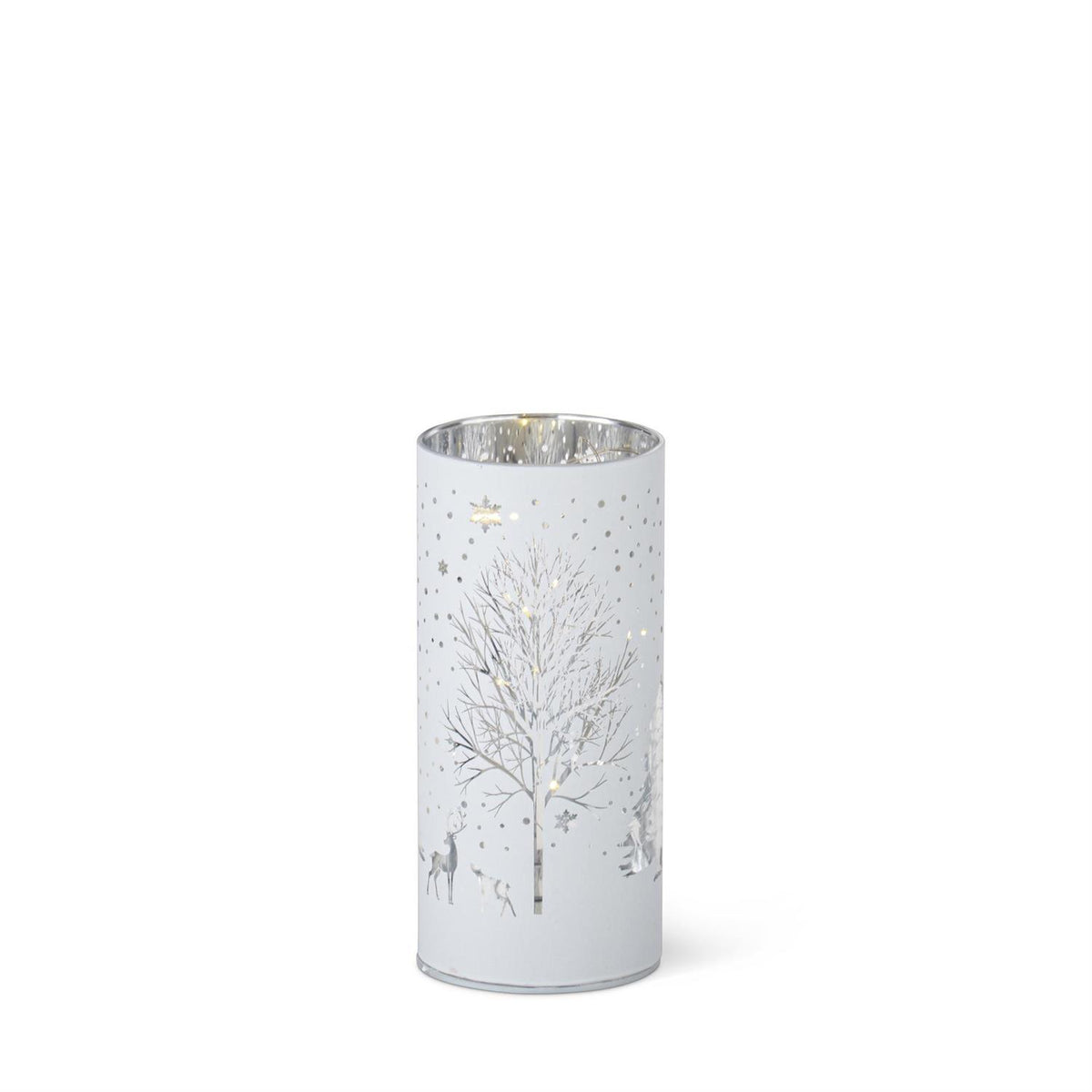 LED Winter Scene Cylinder Lantern with Timer – Laser-Engraved White