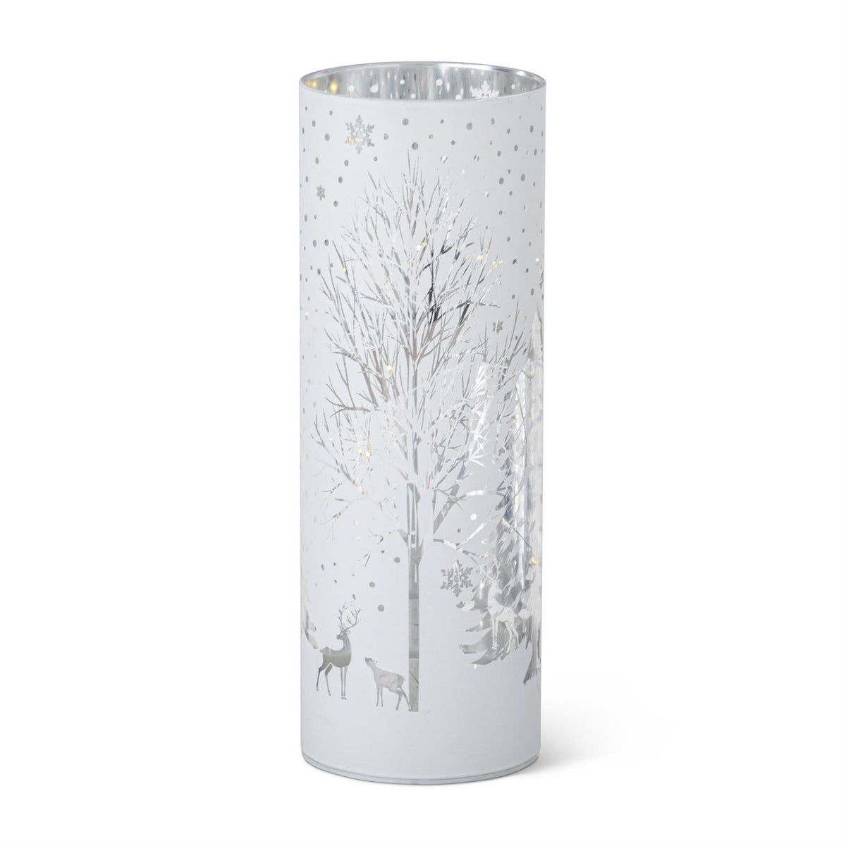 LED Winter Scene Cylinder Lantern with Timer – Laser-Engraved White