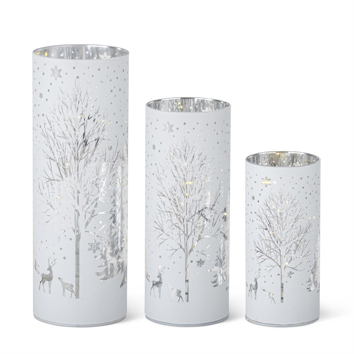 LED Winter Scene Cylinder Lantern with Timer – Laser-Engraved White