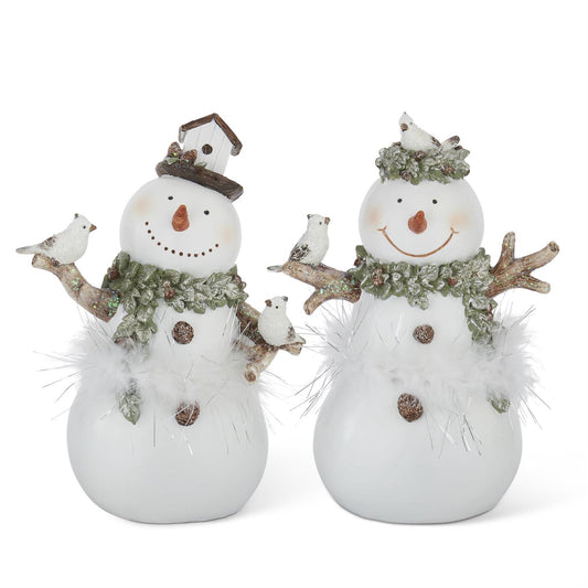 White Glittered Snowman Figurine with Feathers – 9.75"