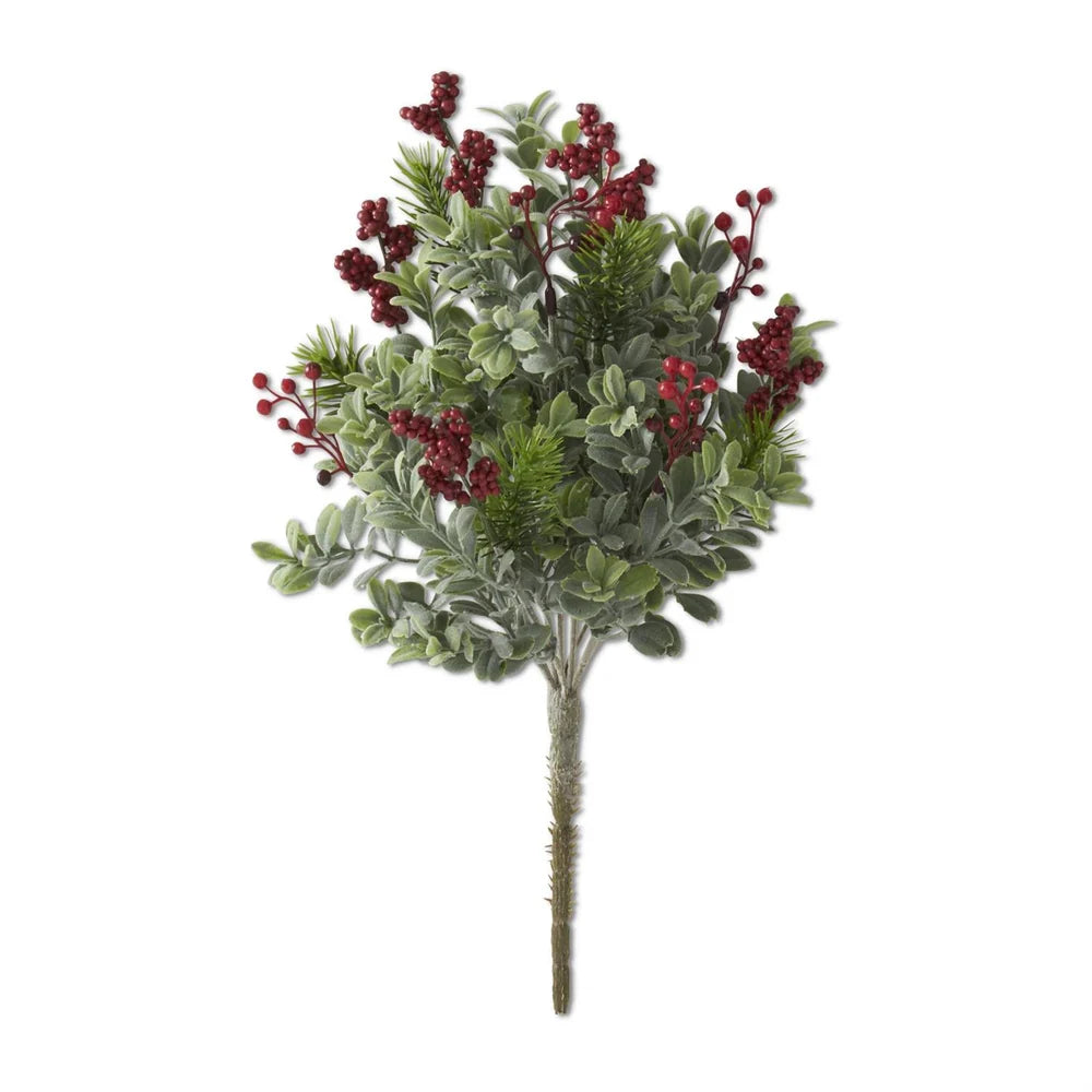 14" Boxwood Pine and Red Berry Bush