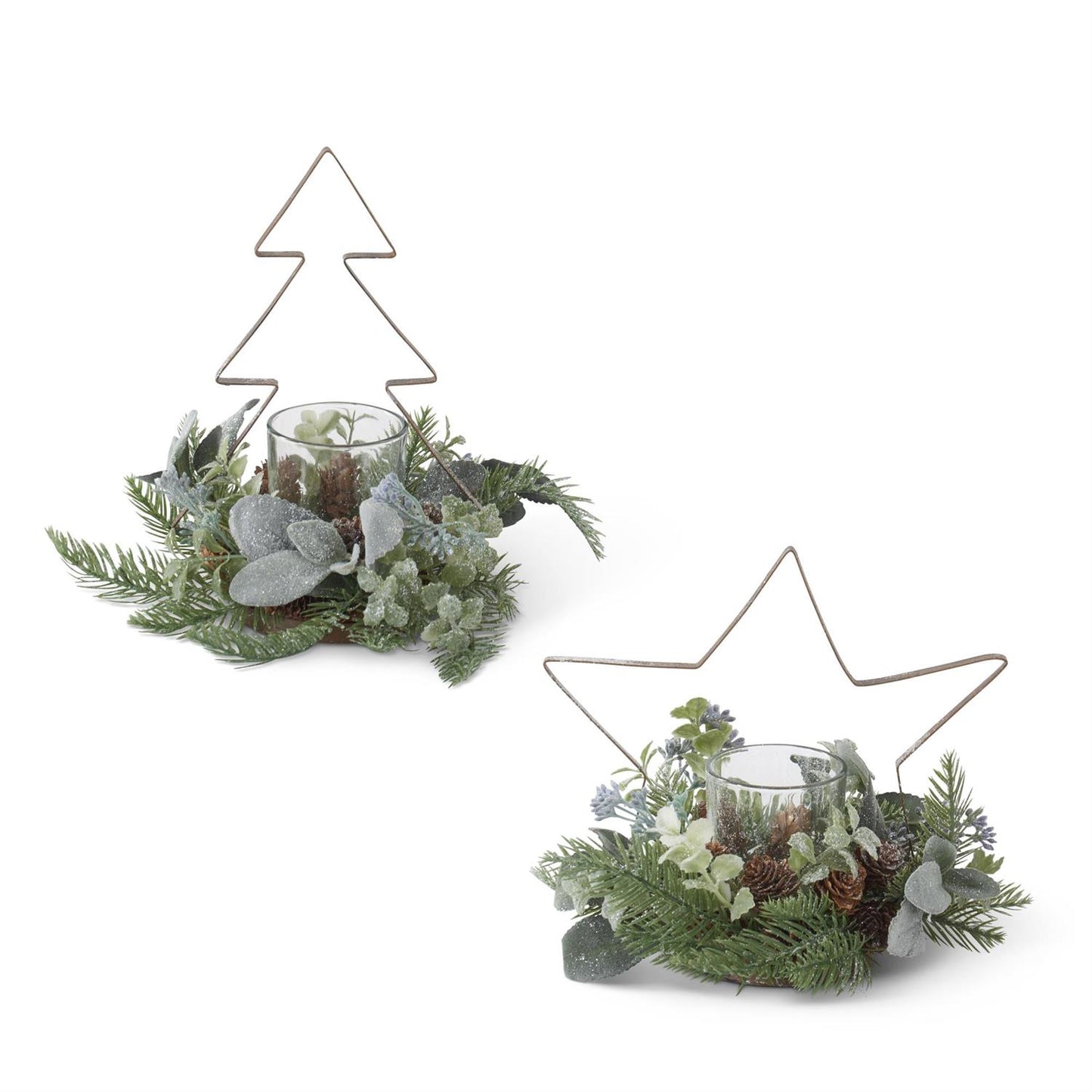 Assorted 9" Glittered Pine & Metal Tree/Star Candle Holder