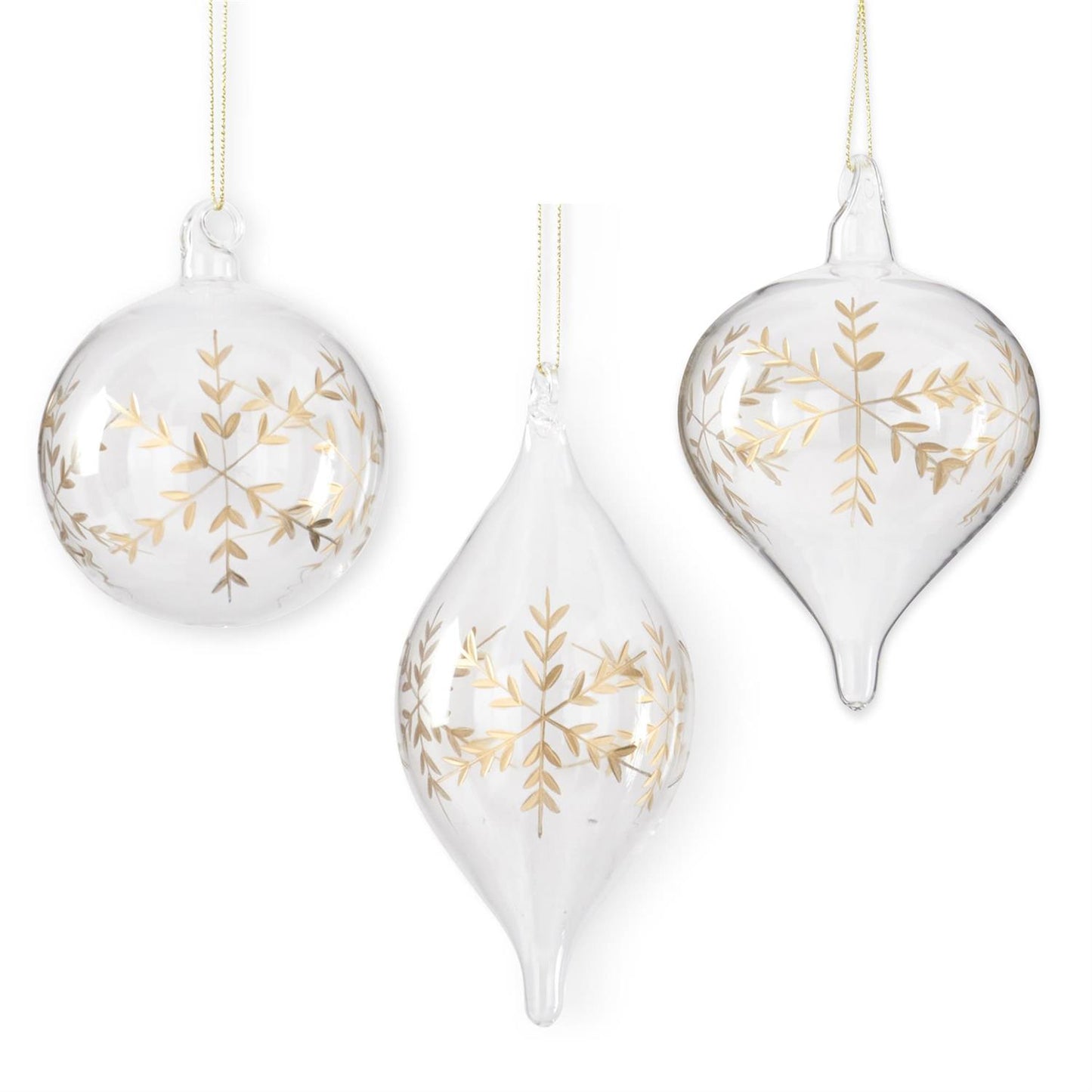 Clear Glass Gold Etched Snowflake Ornaments (3 Styles)