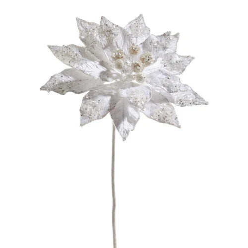 18” Glittered White Poinsettia Pick