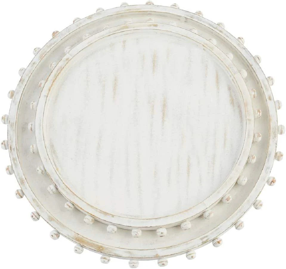 Beaded Wood White Washed Serving Tray