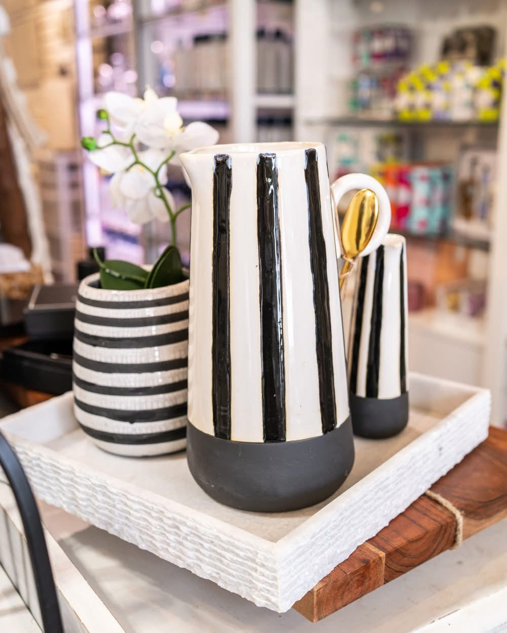 Black & White Stripe Stoneware Pitcher Set