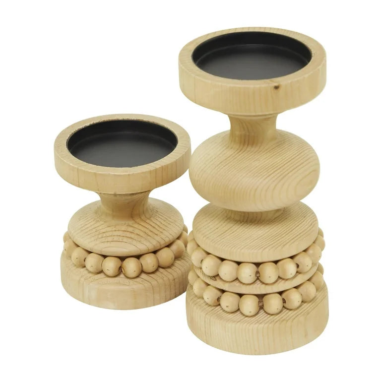 Light Wood Beaded Candle Holder