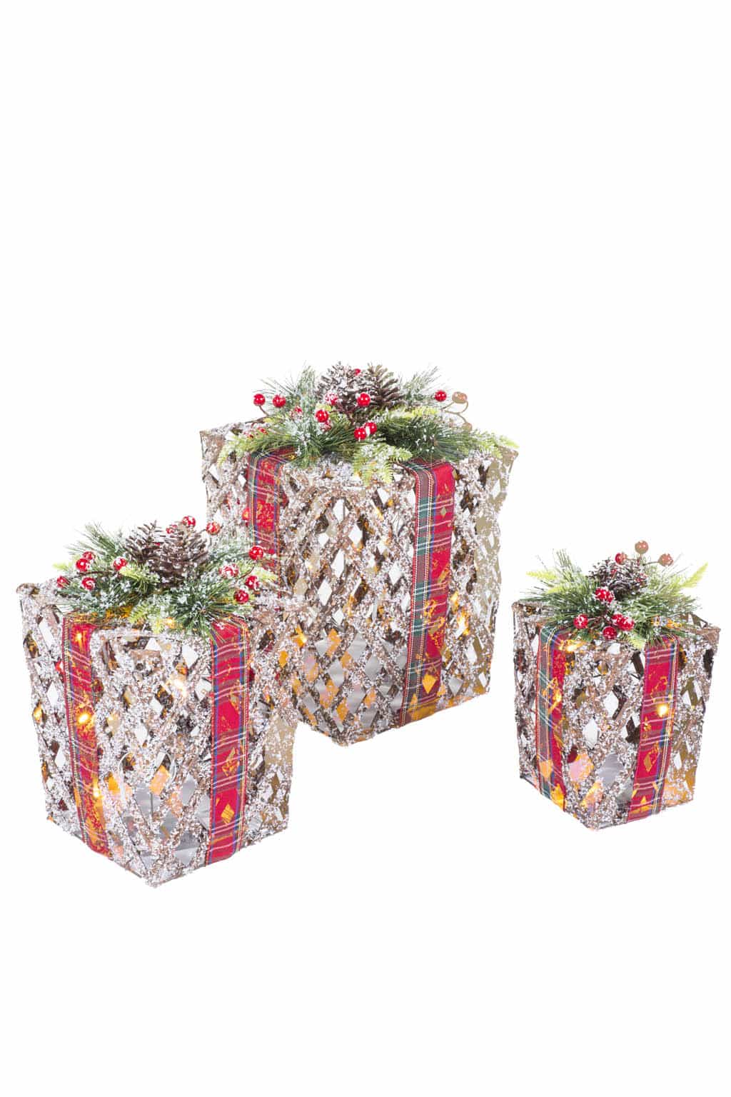 Rustic LED Gift Box with Red Plaid Ribbon