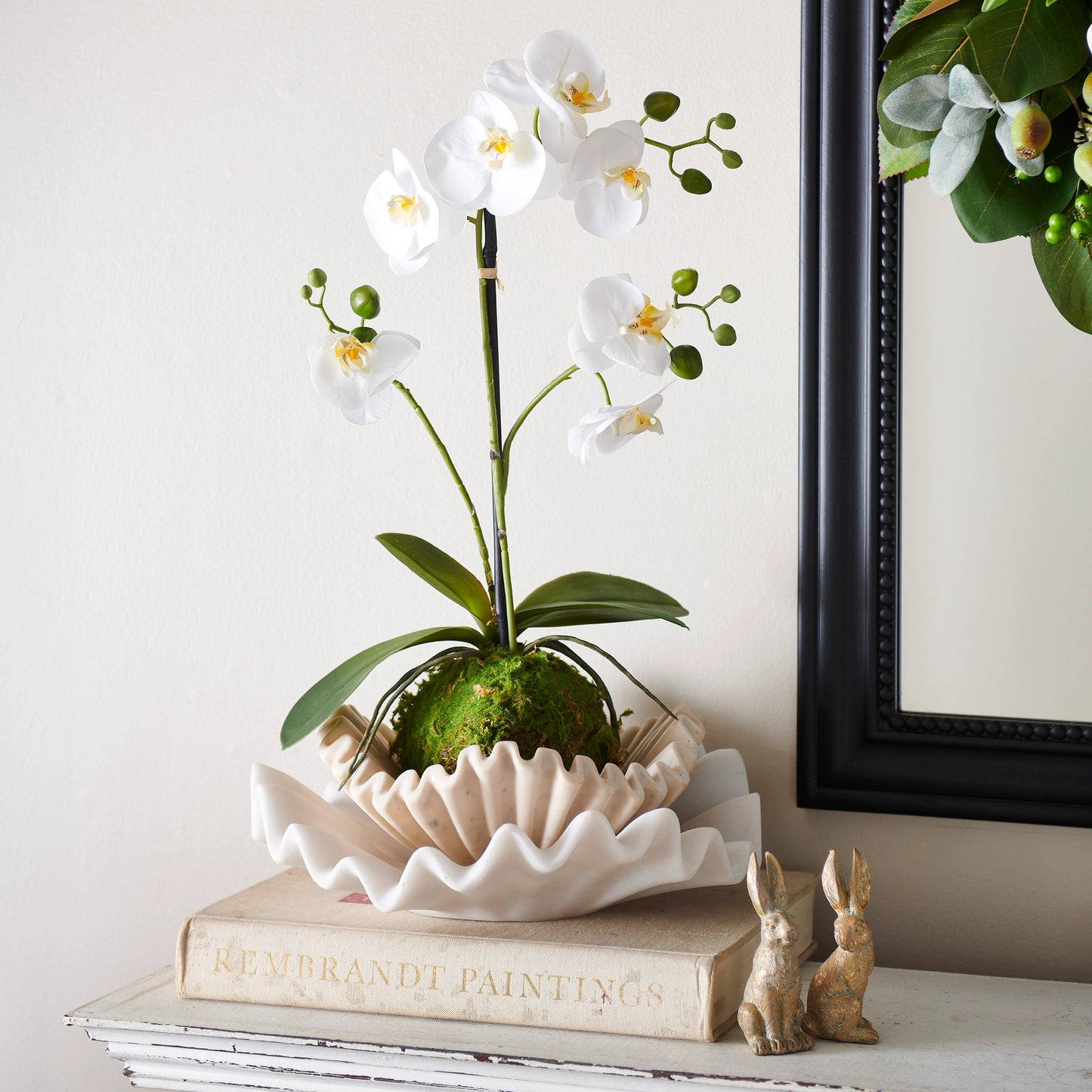 23.75" Real Touch White Orchid With Moss Ball