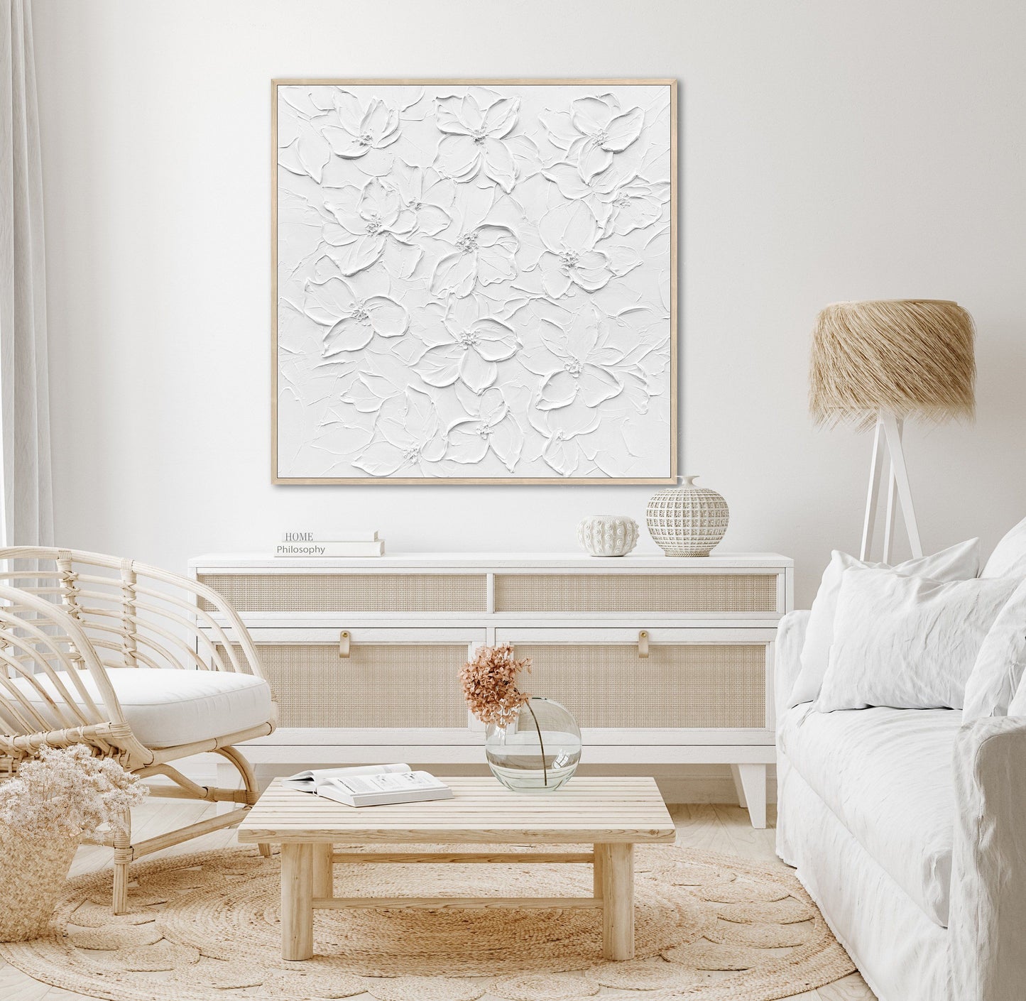 Elegance White Flowers Framed Canvas – 36″ x 36″