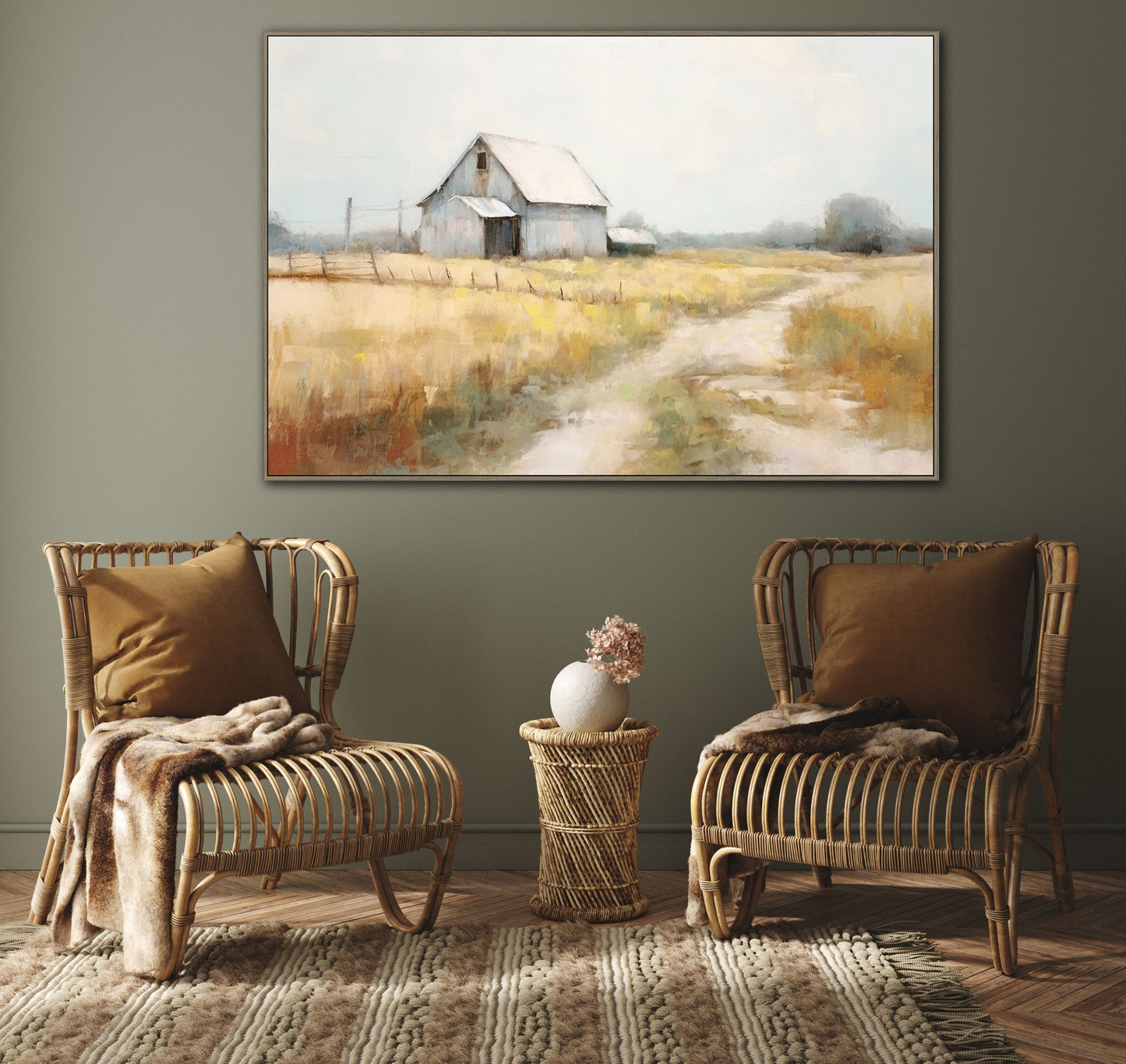 Barn on Fallow Fields Framed Canvas – 32″ x 48″