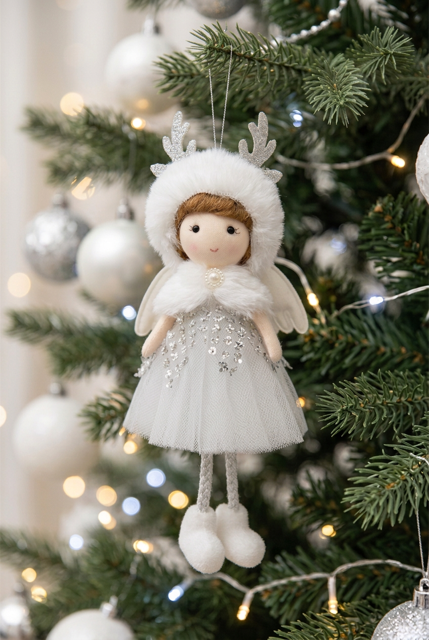 White & Silver Cherub Ornament with Reindeer Hat, 8"