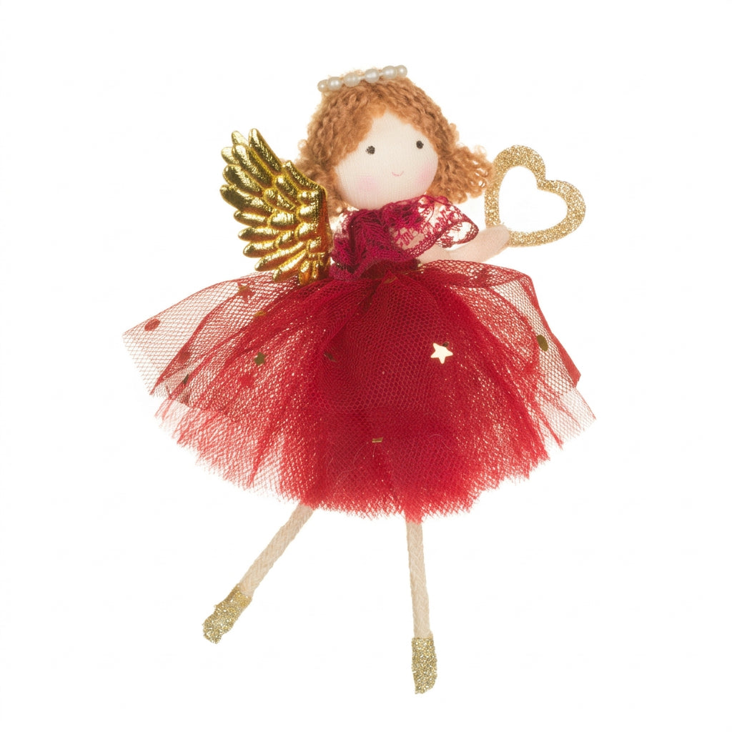 Red & Gold Angel Ornament with Heart, 5.5"