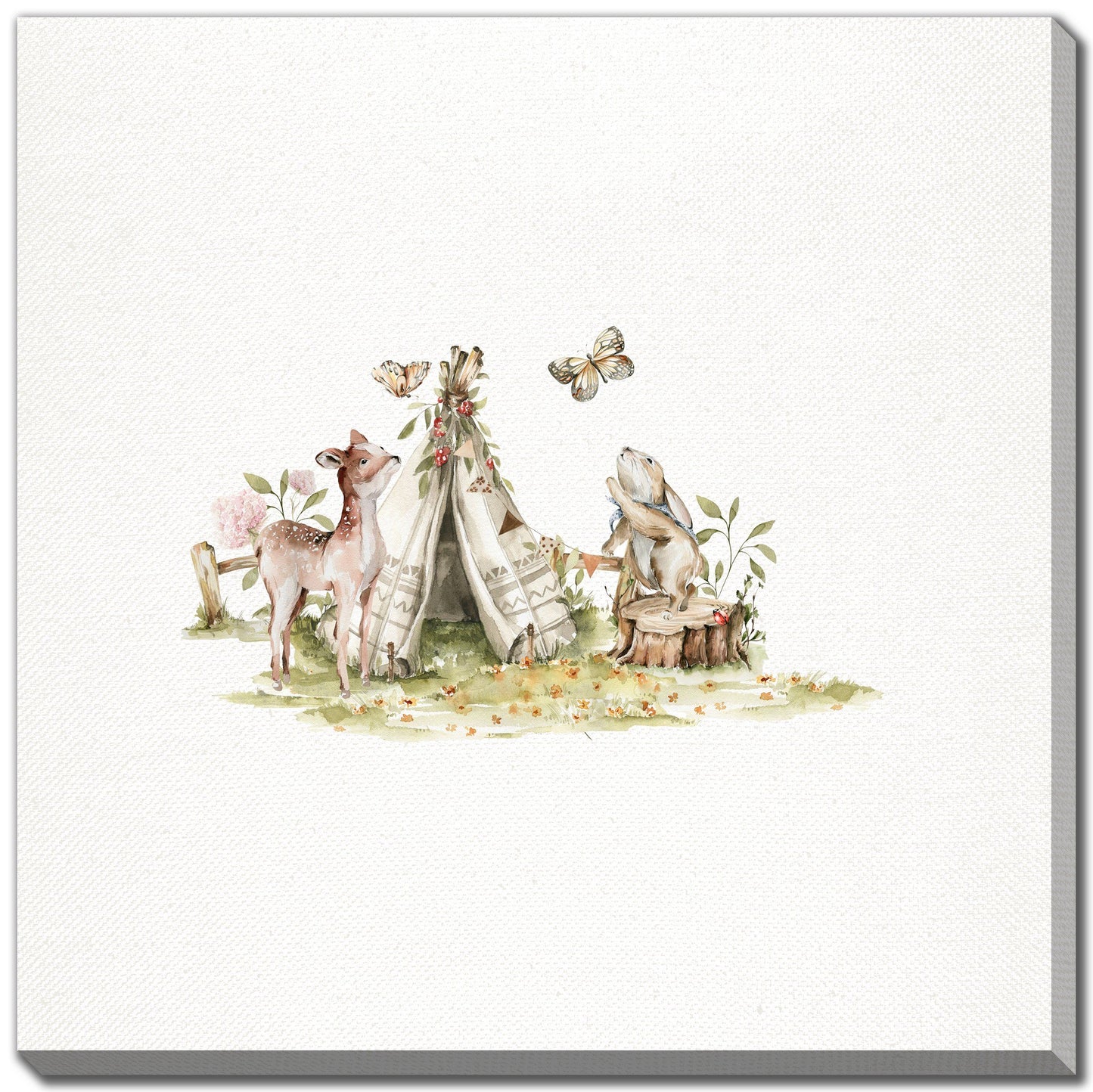 Forest Friends Gathering Framed Canvas Print – 16″ x 16″