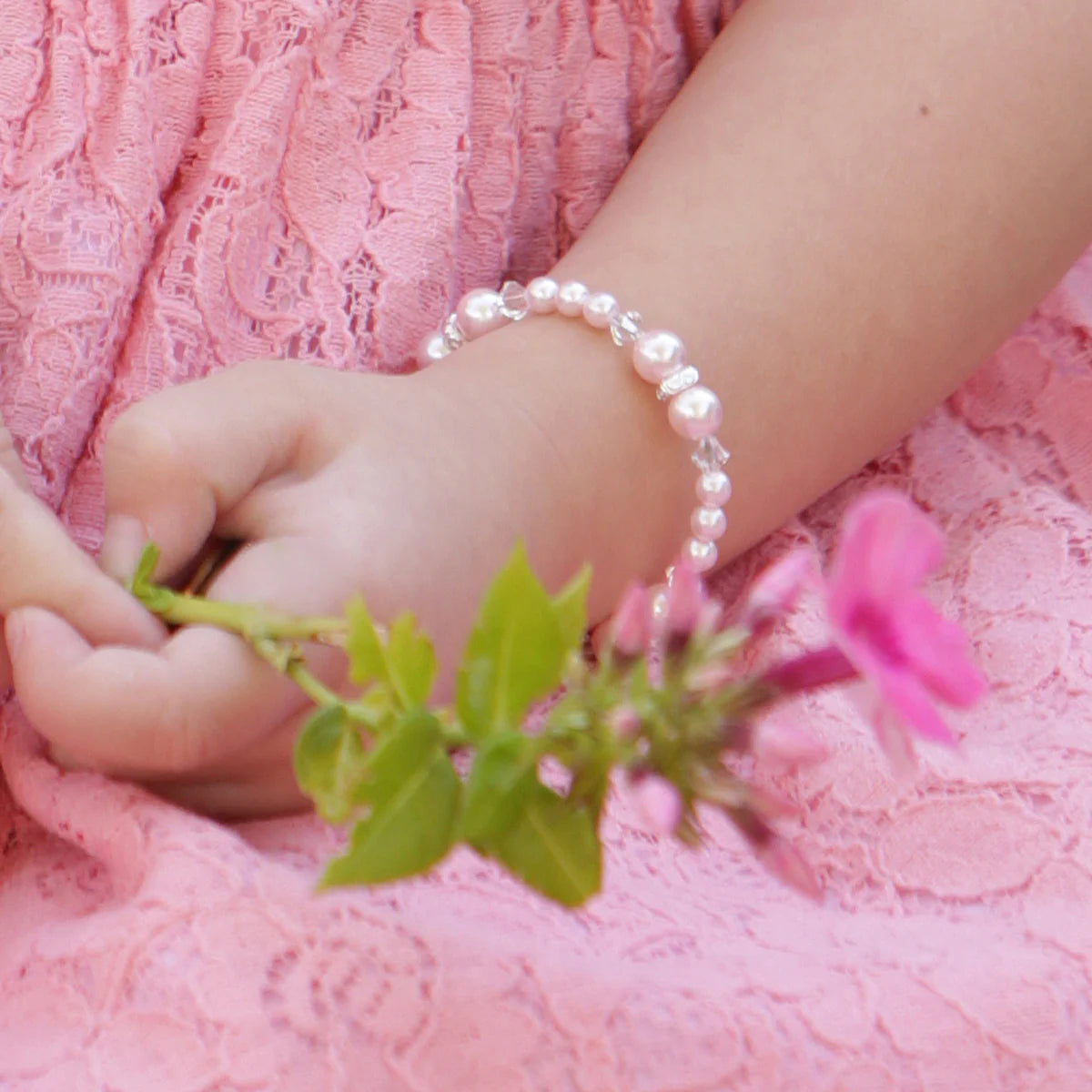 Sterling Silver Pink Simulated Pearl Bracelet for Babies, Toddlers, and Girls