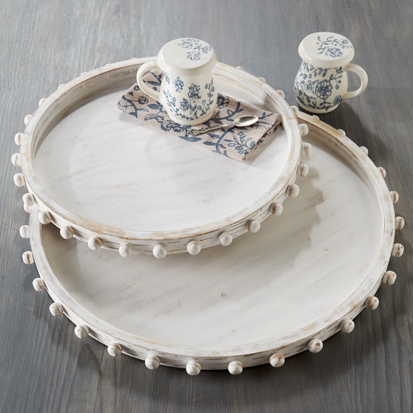 Beaded Wood White Washed Serving Tray