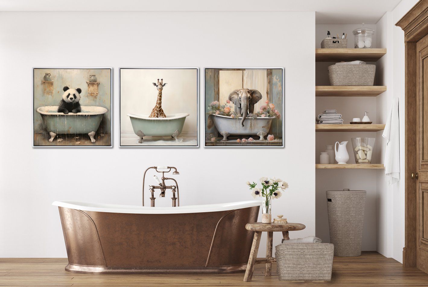 Bathroom Animals | Framed Canvas – 24″ x 24″