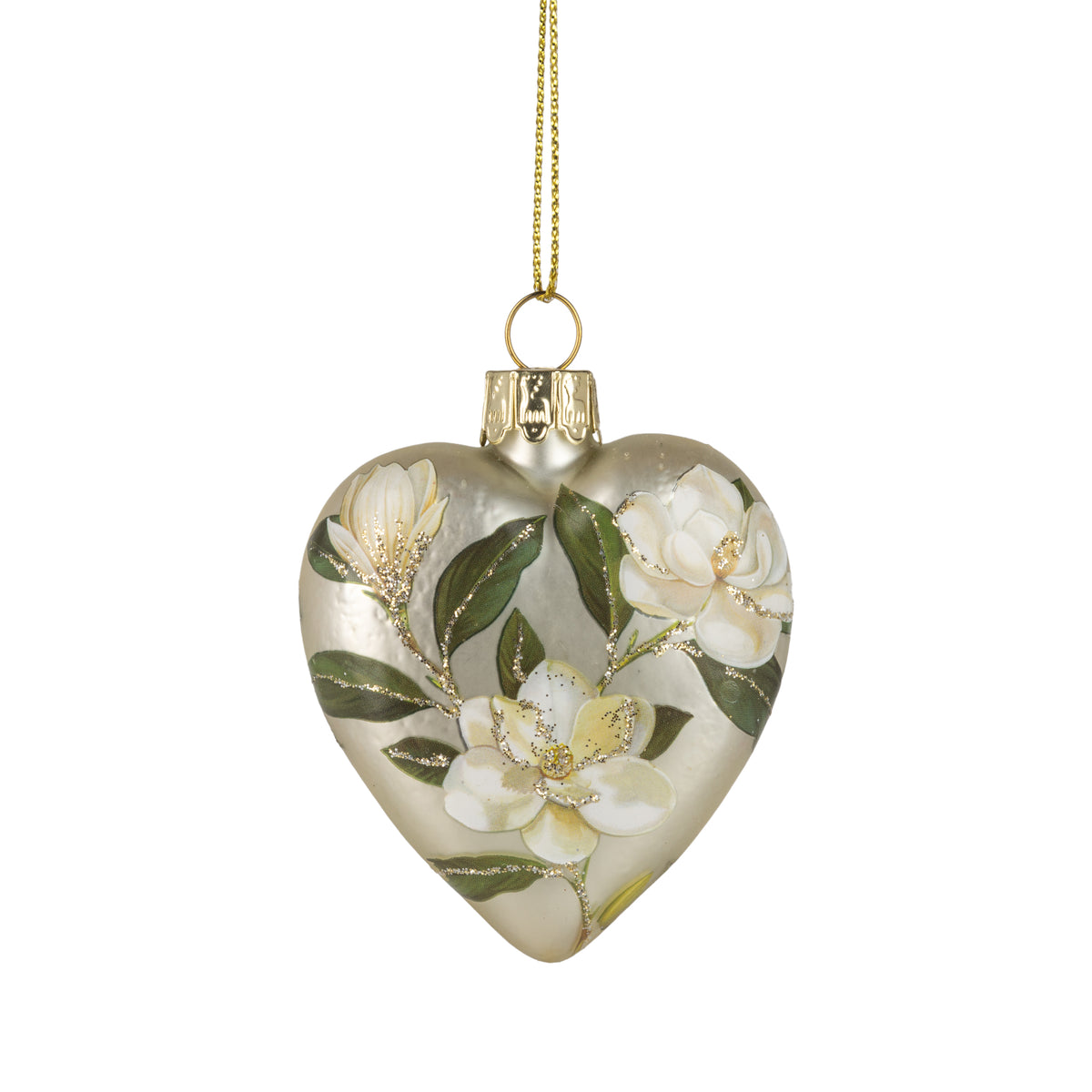 Gold Magnolia Glass Heart Ornament