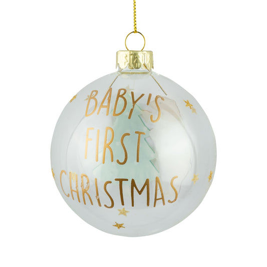 Baby's First Christmas Glass Ornament with Bear & Tree, 3"