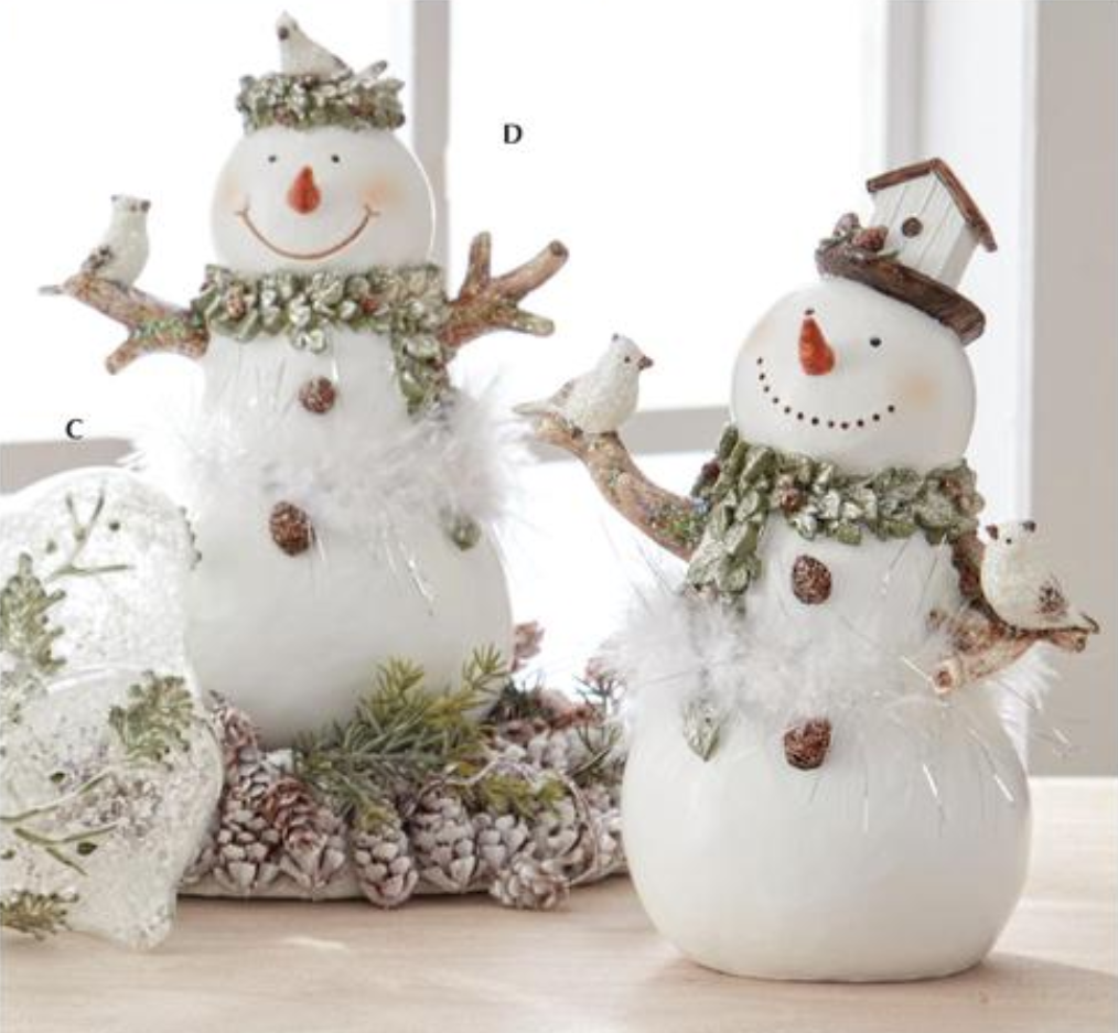 White Glittered Snowman Figurine with Feathers – 9.75"
