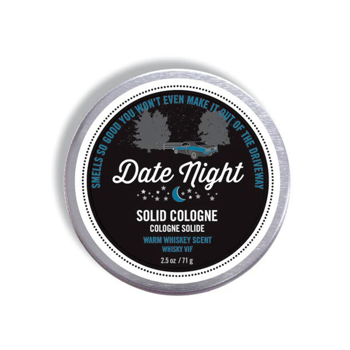 Solid cologne container labeled 'Date Night' with a black label and silver lid.