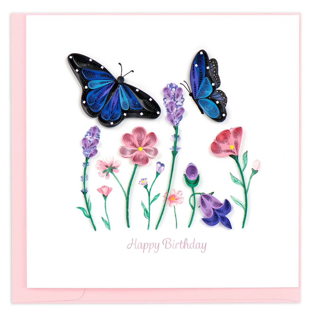 Quilling Card Birthday Flowers & Blue Butterflies