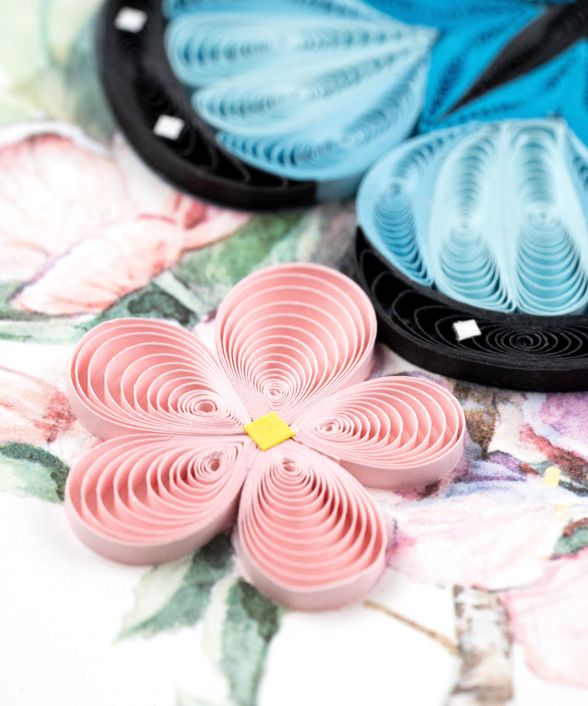 Blue Butterfly Pink Flowers Quilling Card