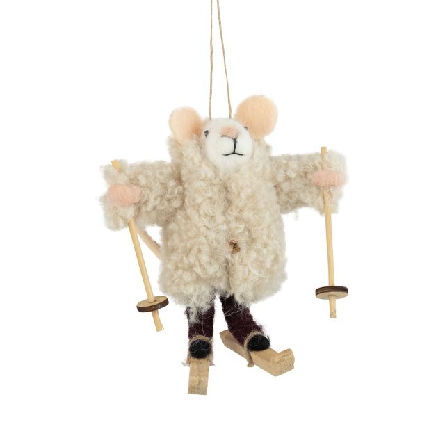 Felt Mouse Ornament in Boucle Coat with Skis