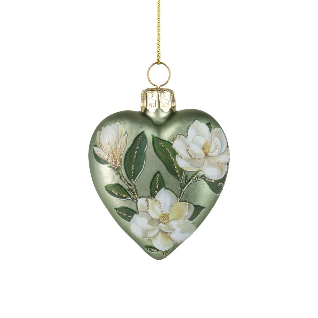Green Magnolia Glass Heart Ornament