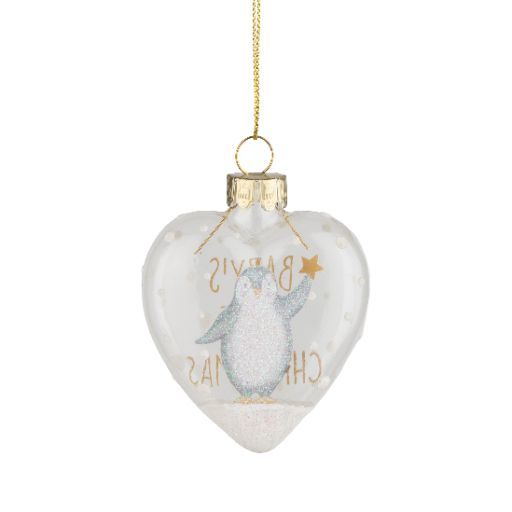 Baby’s First Christmas Glass Heart Ornament with Penguin, 2.5"