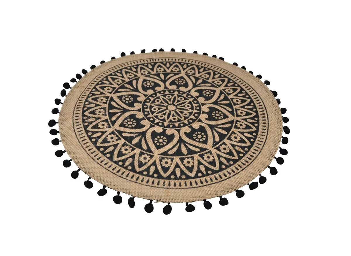 Placemat Black Round with Pom Poms
