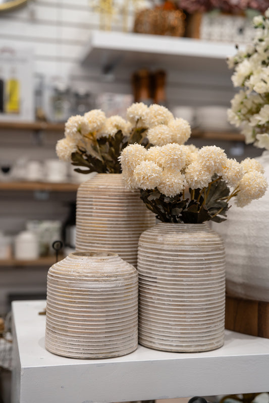 Whitewashed Wood Carved Stripe Vases
