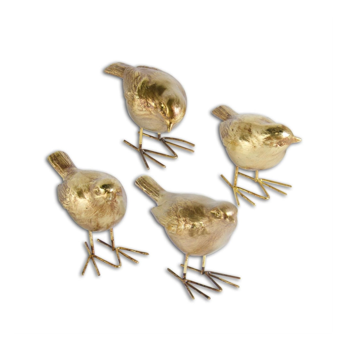 Four gold bird-shaped decorative items on a white background
