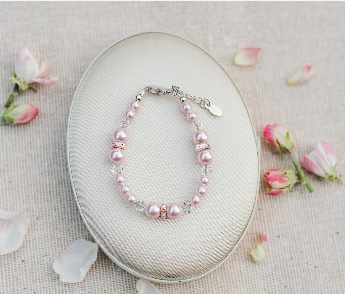 Sterling Silver Pink Simulated Pearl Bracelet for Babies, Toddlers, and Girls