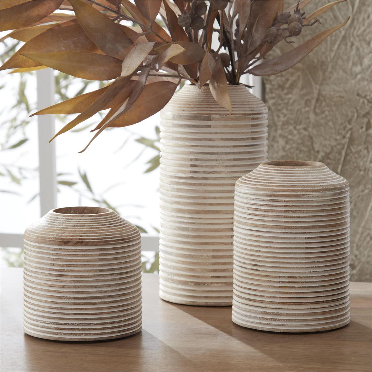 Whitewashed Wood Carved Stripe Vases