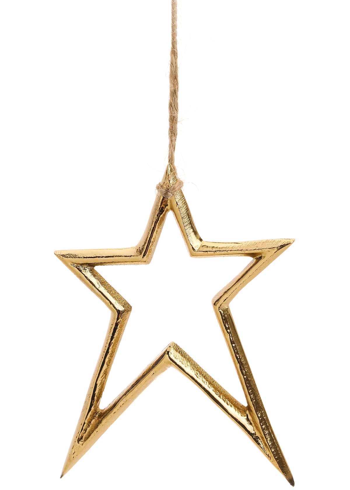 A gold metallic open star-shaped hanging ornament suspended by a natural jute twine string against a solid white background.