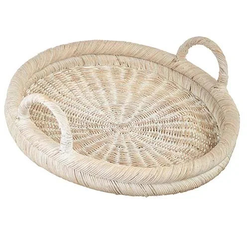 Whitewashed Round Rattan Handled Tray