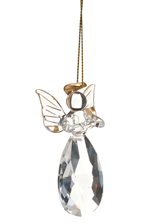 A clear faceted crystal angel ornament with gold-toned wings and halo, suspended by a gold string against a plain white background.