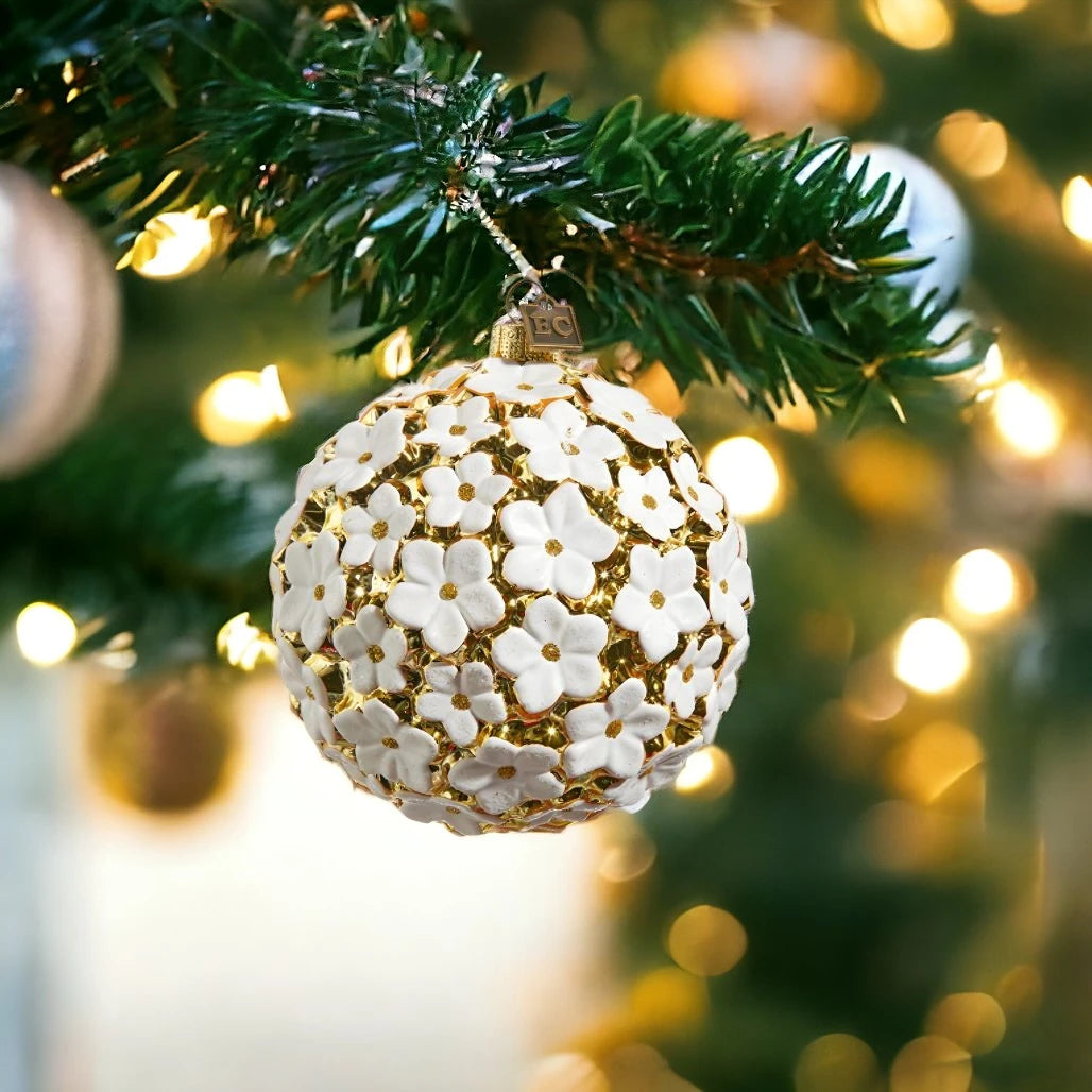 4” White Blossom Ball Ornament