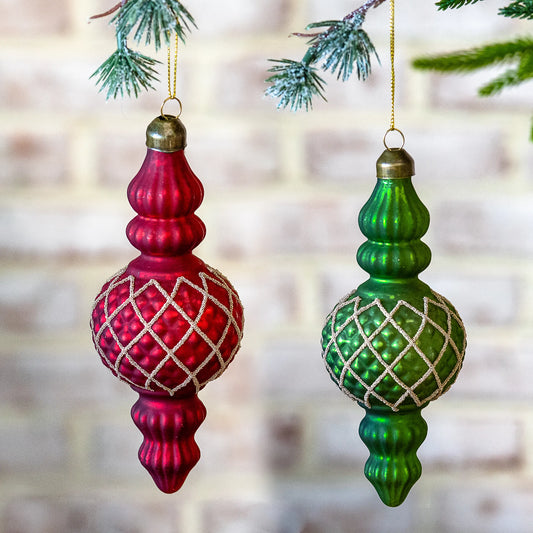 Green & Red Check Finial Ornaments