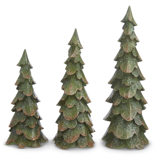 Set of 3 Green Wood Carved Trees