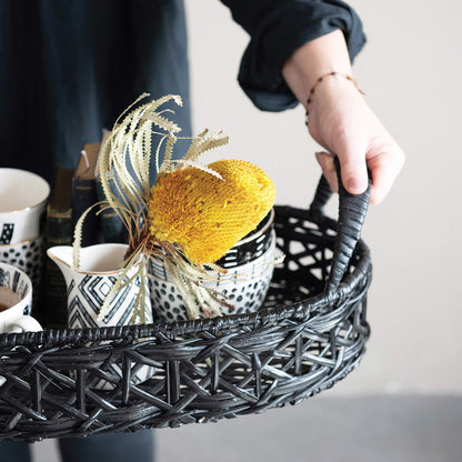 Decorative Hand-Woven Rattan Tray with Handles, Black